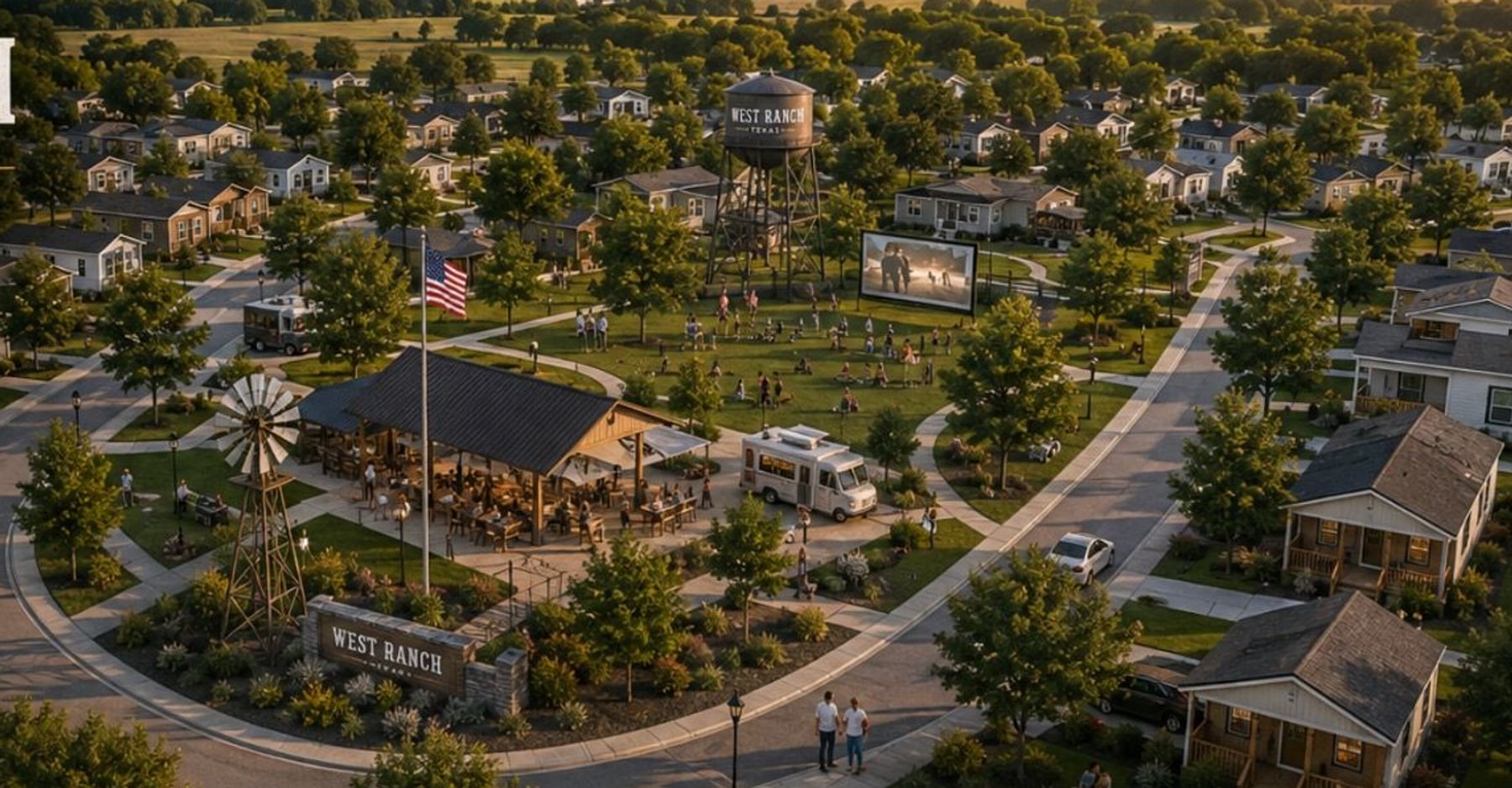 Aerial rendering of the completed West Ranch community, showing homes, the pavilion, the community lawn and the water tower